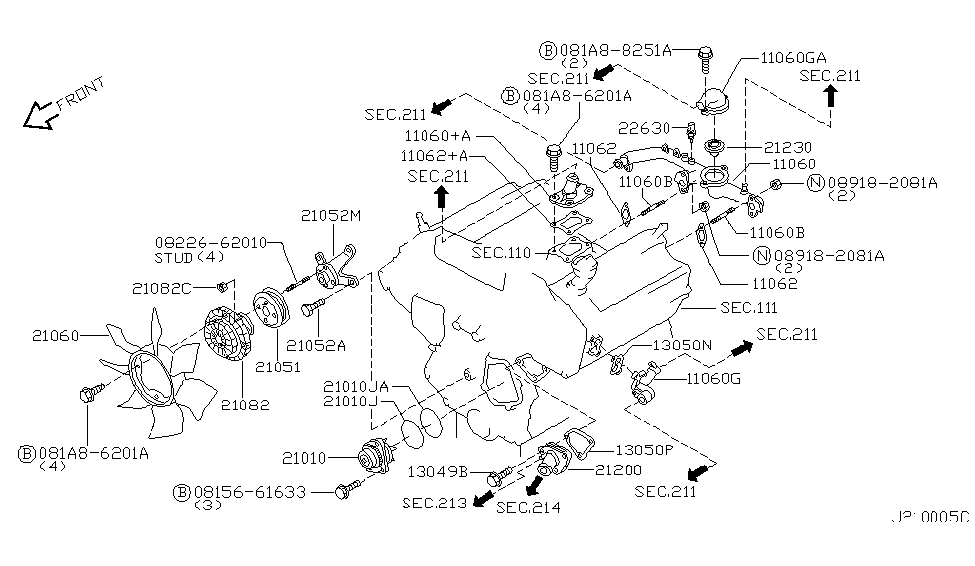 2002 Infiniti QX4 Water Pump, Cooling Fan & Thermostat Valve Assembly Water Control Diagram for 21230-8P300