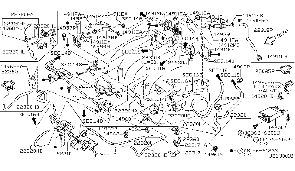 2001 Infiniti I30 Engine Control Vacuum Piping Bolt Hex Diagram for 08156-61233