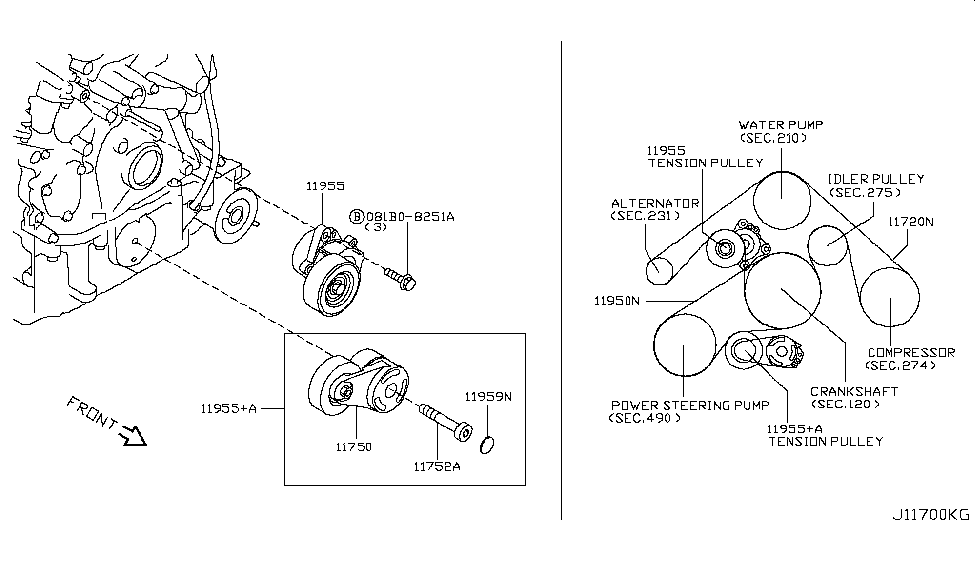 2010 Infiniti FX50 Fan,Compressor & Power Steering Belt Tensioner Assy-Auto Diagram for 11955-1EA0B