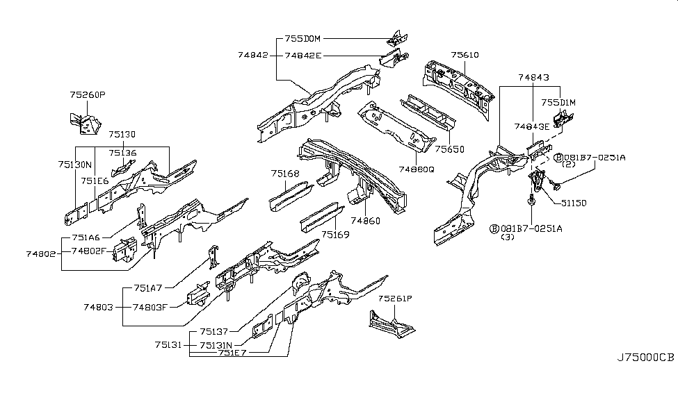 2013 Infiniti EX37 Member & Fitting Bolt-Hex Diagram for 081B7-0251A