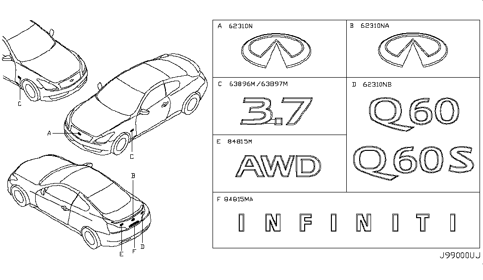 2013 Infiniti G37 Coupe Emblem & Name Label Radiator Grille Emblem Diagram for 84890-3WJ0A