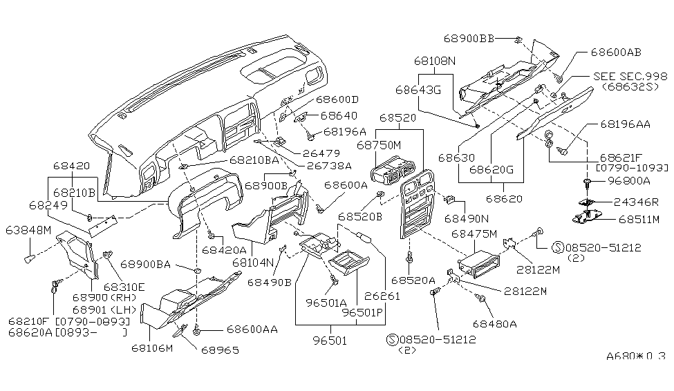 1993 Infiniti G20 Instrument Panel,Pad & Cluster Lid Screw Diagram for 01451-00221