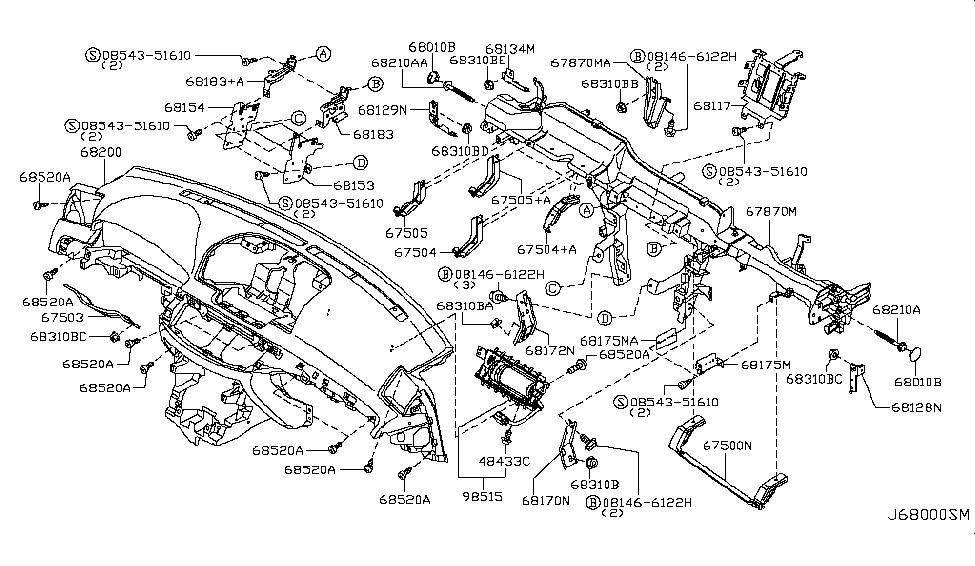 2008 Infiniti M35 Instrument Panel,Pad & Cluster Lid Air Bag Module Assembly, Assist Diagram for K851E-EH100