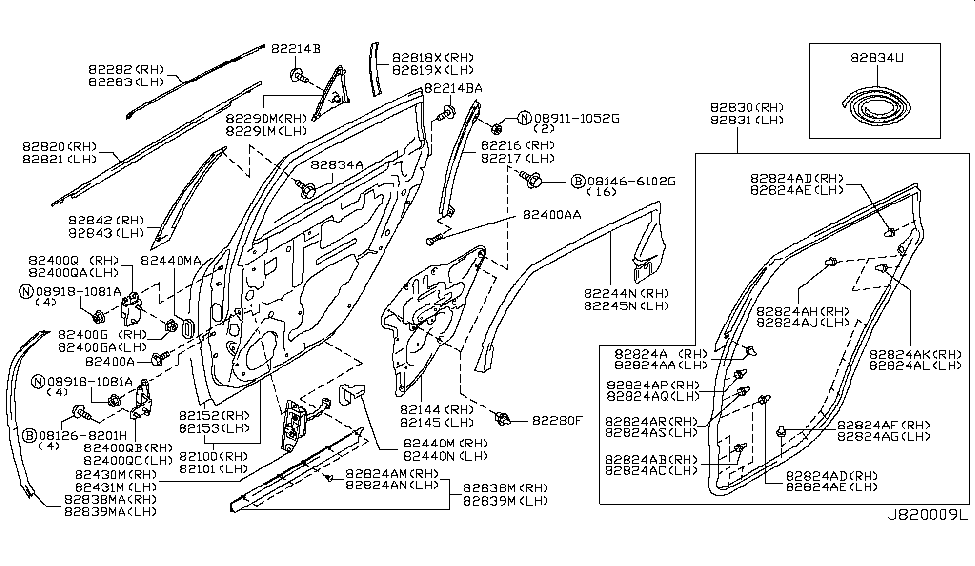 2007 Infiniti M45 Rear Door Panel & Fitting Bolt Diagram for 80498-40U0A