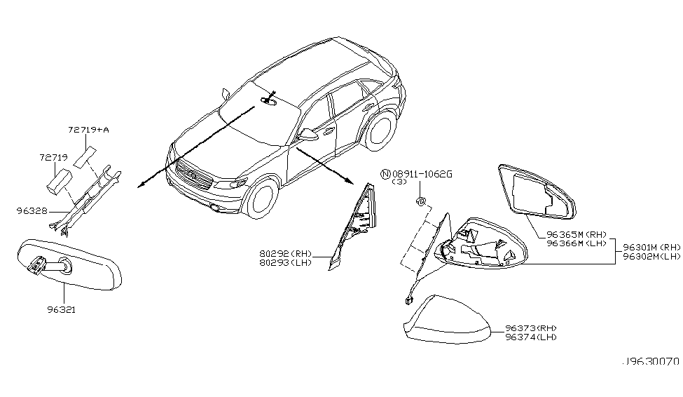 2005 Infiniti FX45 Rear View Mirror Mirror Assembly-Outside, R Diagram for 96301-CL20A