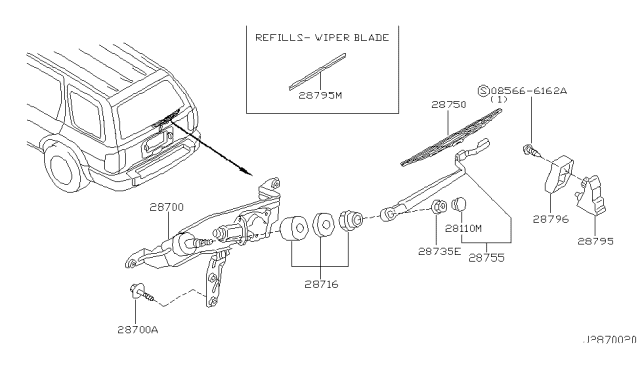2001 Infiniti QX4 Rear Window Wiper Arm Assembly Diagram for 287802W100