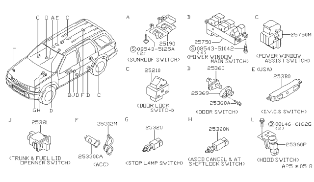 1998 Infiniti QX4 Assist Power Window Switch Assembly Diagram for 254110V000