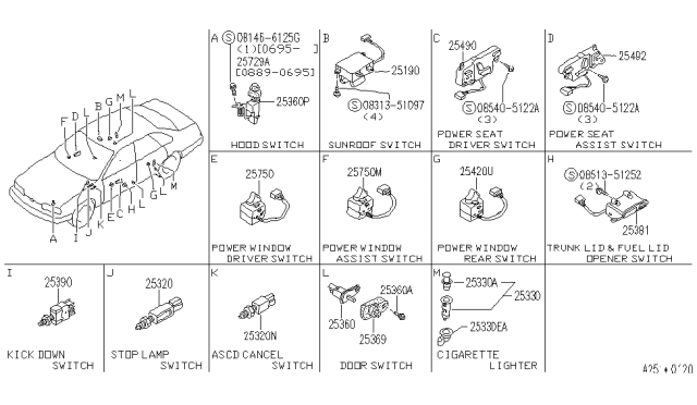 1990 Infiniti Q45  Cover-Door Switch Diagram for 2536841L00