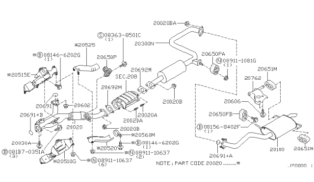 2001 Infiniti I30  Front Exhaust Tube Assembly Diagram for 200203Y400