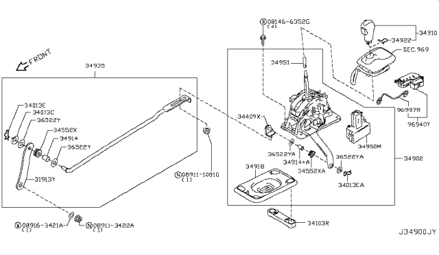2013 Infiniti FX37  Transmission Control Device Assembly Diagram for 349011CA1D