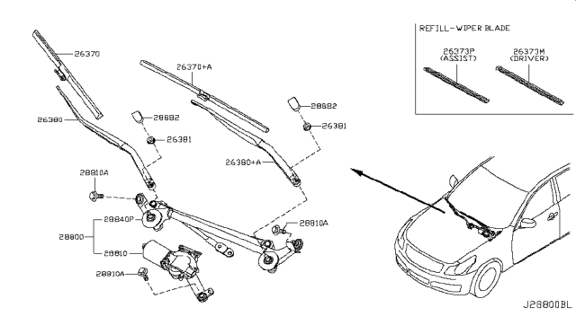 2011 Infiniti G37 Window Wiper Blade Assembly Diagram for 28890JK610