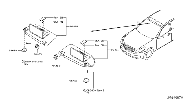 2012 Infiniti G37 Driver Sun Visor Assembly Diagram for 964011NC0A