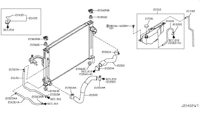 2013 Infiniti G37  Radiator Reservoir Tank Assembly Diagram for 21710JK000
