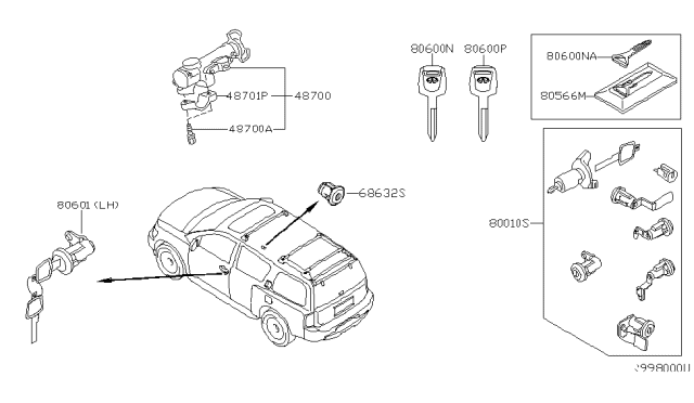 2008 Infiniti QX56 Cylinder Set-Glove Box Lid Lock Diagram for F8632JA00A