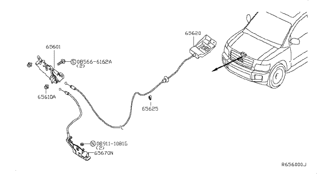 2007 Infiniti QX56  Hood Lock Control Cable Assembly Diagram for 656207S000