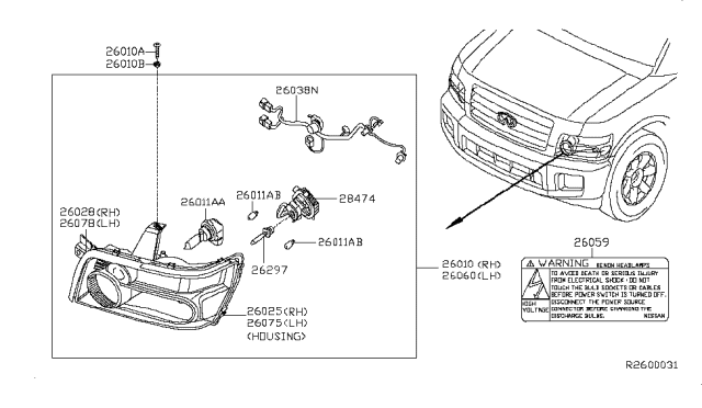 2010 Infiniti QX56  Right Headlight Assembly Diagram for 260109GA0A