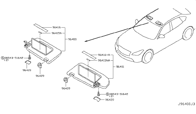 2013 Infiniti M35h Driver Sun Visor Assembly Diagram for 964011MA2A