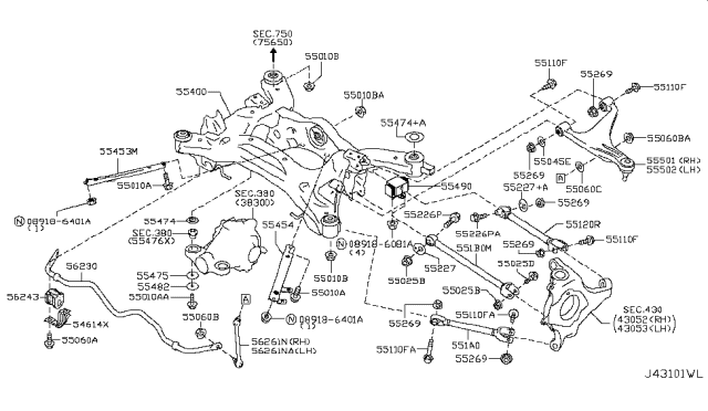 2012 Infiniti M35h  Rear Suspension Front Lower Link Complete Diagram for 551A01MA0B
