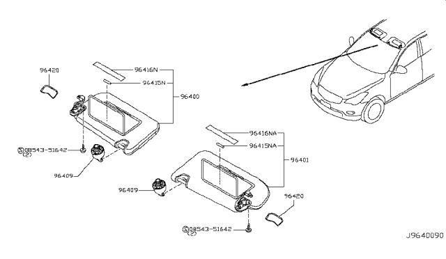 2015 Infiniti QX50 Driver Sun Visor Assembly Diagram for 964011UW8A
