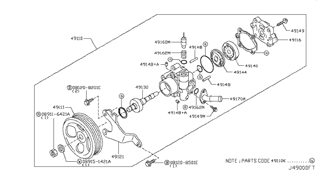 2011 Infiniti G37  Power Steering Pump Assembly Diagram for 49110JK01A