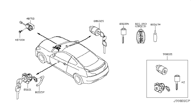 2010 Infiniti G37 Key Set Diagram for 998101NL0A