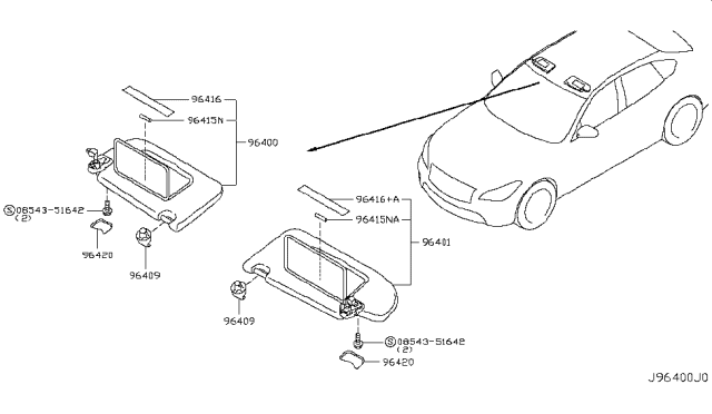 2018 Infiniti Q70L  Passenger Sun Visor Assembly Diagram for 964001MA2C