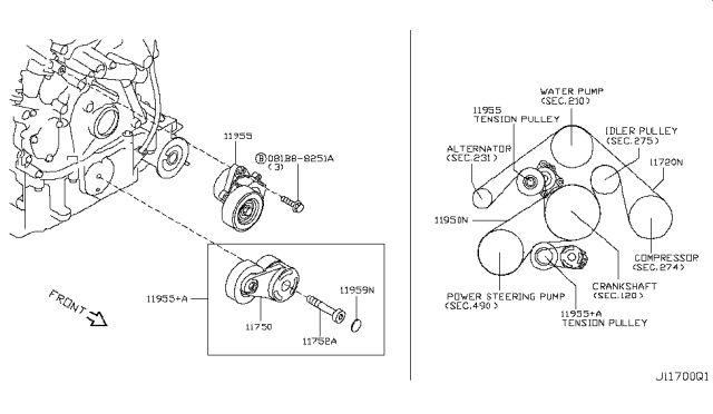 2019 Infiniti Q70  Power Steering Oil Pump Belt Diagram for 119501CA0B