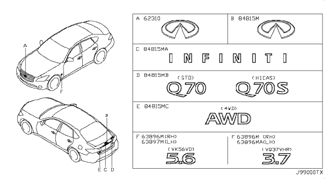 2013 Infiniti M37 Front Fender Emblem, Right Diagram for 638903WG1A