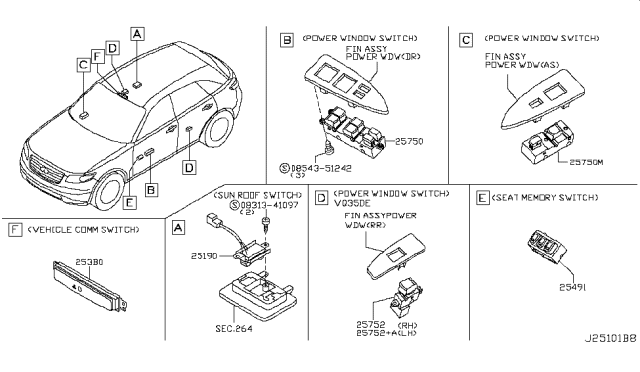 2007 Infiniti FX35 Assist Power Window Switch Assembly Diagram for 254117Y000