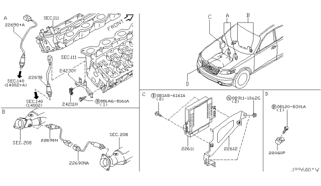 2004 Infiniti FX35 Rear Heated Oxygen Sensor Diagram for 226A0AM601