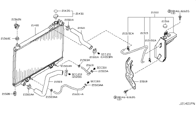 2006 Infiniti FX45  Radiator Reservoir Tank Assembly Diagram for 21710CG000