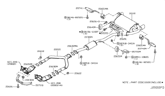 2006 Infiniti G35  Exhaust Sub Muffler Assembly Diagram for 203007W205