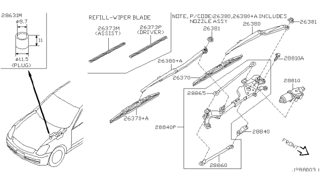 2004 Infiniti G35 Window Wiper Arm Assembly Diagram for 28881AM600