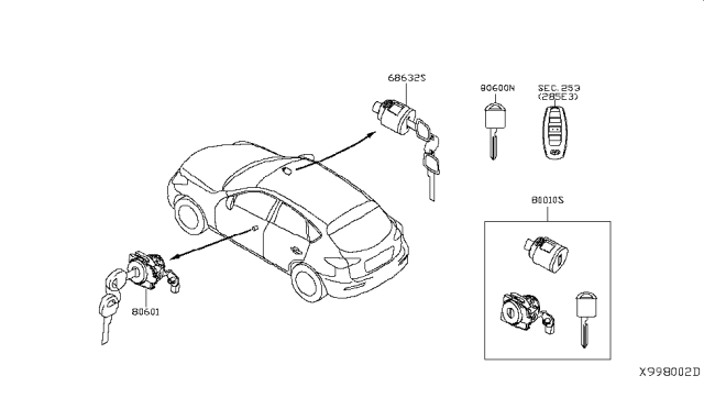 2019 Infiniti QX50 Key Set-Cylinder Lock Diagram for 998105NA0A