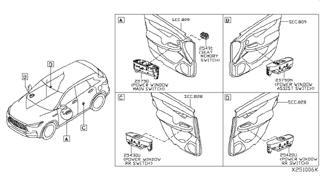 2019 Infiniti QX50  Main Power Window Switch Assembly Diagram for 254015NA1A