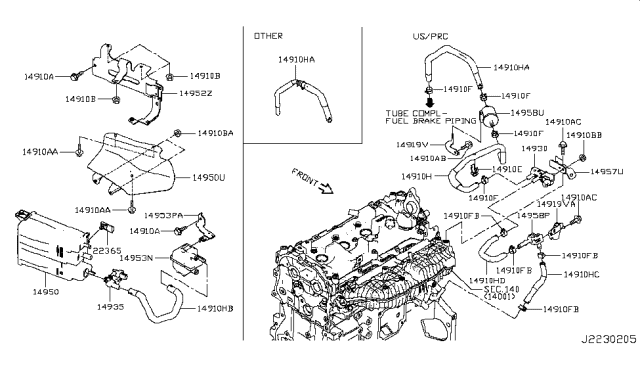 2019 Infiniti QX50  EVAPORATOR CANISTER PURGE Valve Diagram for 149303YM0A