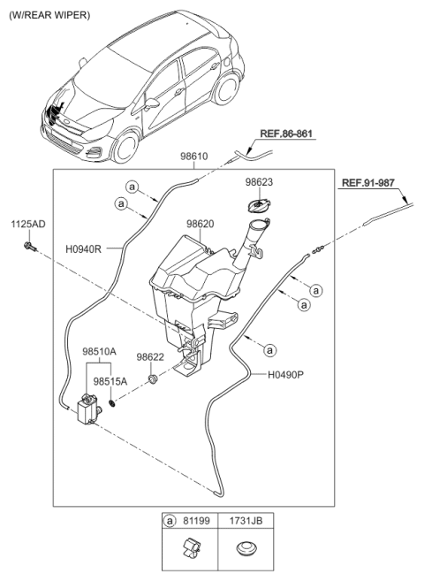 2016 Kia Rio  Washer Reservoir & Pump Assembly Diagram for 986101W500