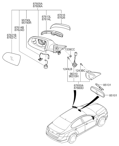 2013 Kia Cadenza  Outside Rear View Mirror Assembly, Left Diagram for 876103R702