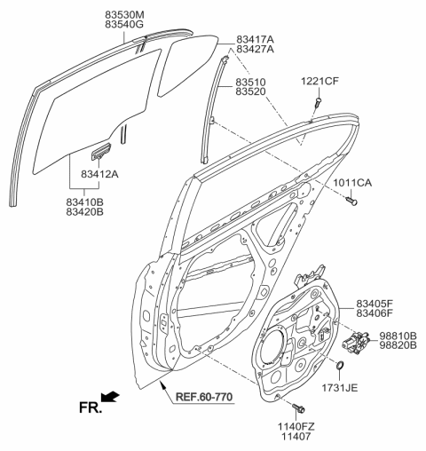 2014 Kia Cadenza Run-Rear Door Window Glass Diagram for 835313R100