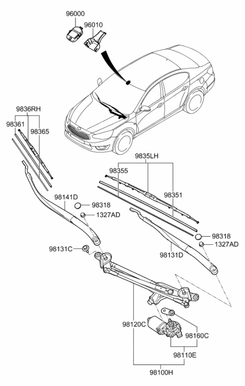 2014 Kia Cadenza  Driver Windshield Wiper Arm Assembly Diagram for 983113R000