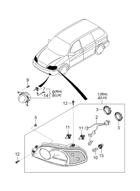 2004 Kia Sedona  Passenger Side Headlight Diagram for 0K52Y51030