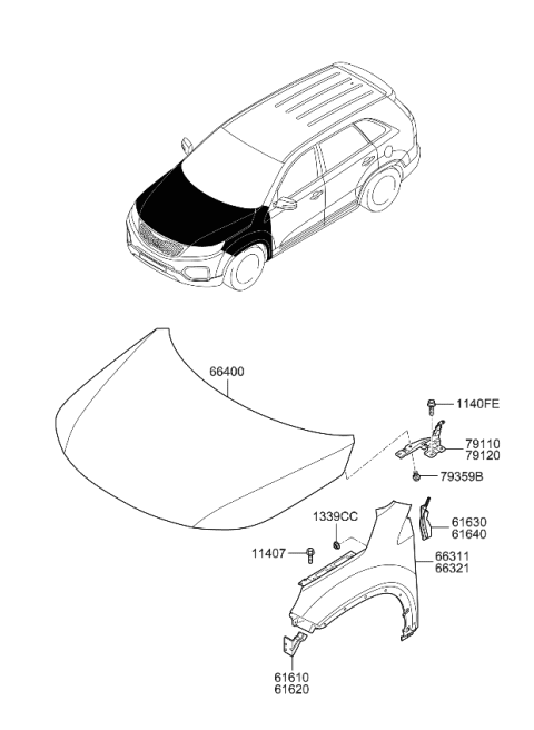 2009 Kia Sorento  Panel-Fender RH Diagram for 663211U000