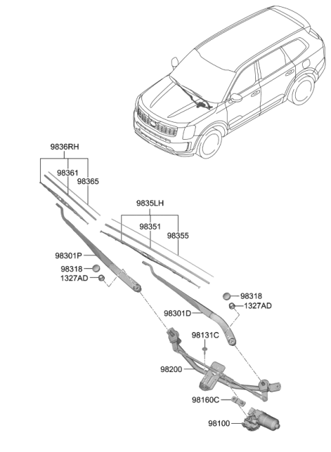 2021 Kia Telluride  Passeger Windshield Wiper Blade Assembly Diagram for 983602V000