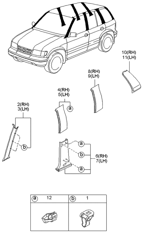 1999 Kia Sportage Trim-B Pillar Up, RH Diagram for 0K04568210E70