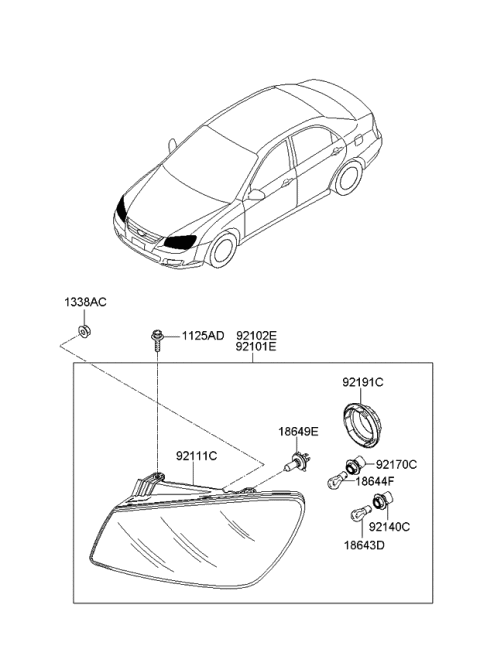 2008 Kia Spectra SX  Passenger Side Headlight Assembly Diagram for 921021L010