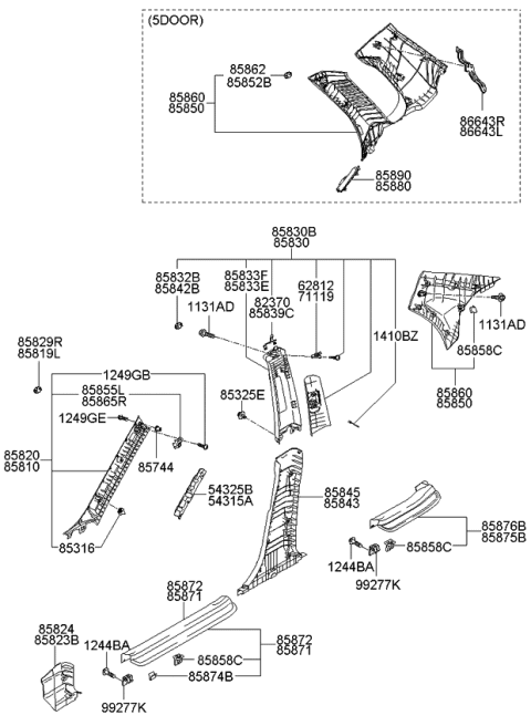 2009 Kia Spectra5 SX Clip-Door Scuff Trim Mounting Diagram for 8587433000