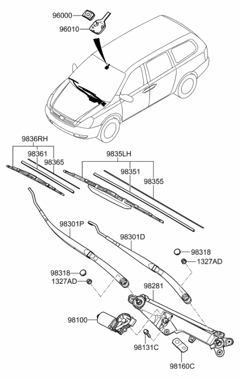 2007 Kia Sedona  Rail Spring-WIPER Blade Diagram for 983652V000