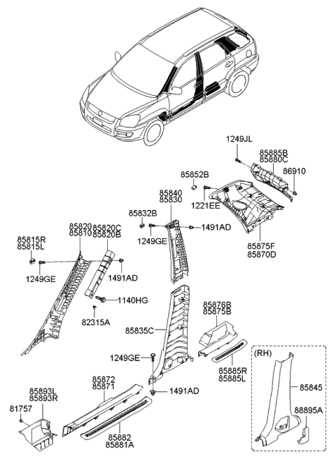 2006 Kia Sportage FMH Bracket-A Pillar Trim Diagram for 858181F000