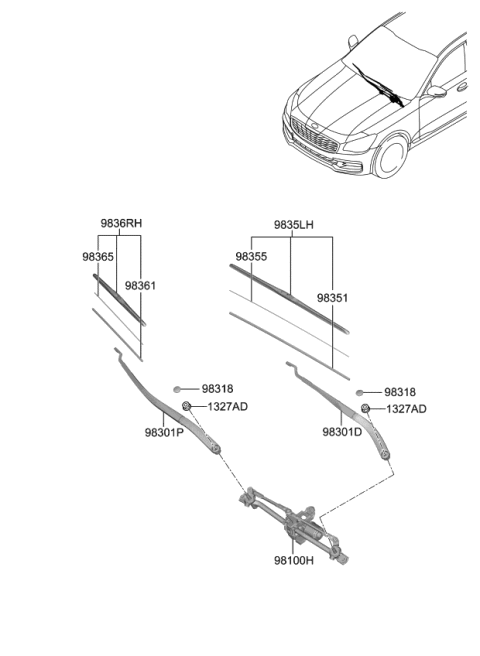 2020 Kia K900  Driver Windshield Wiper Blade Assembly Diagram for 98350O1000