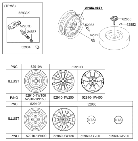 2013 Kia Rio  Wheel Hub Cap Assembly Diagram for 529601W150